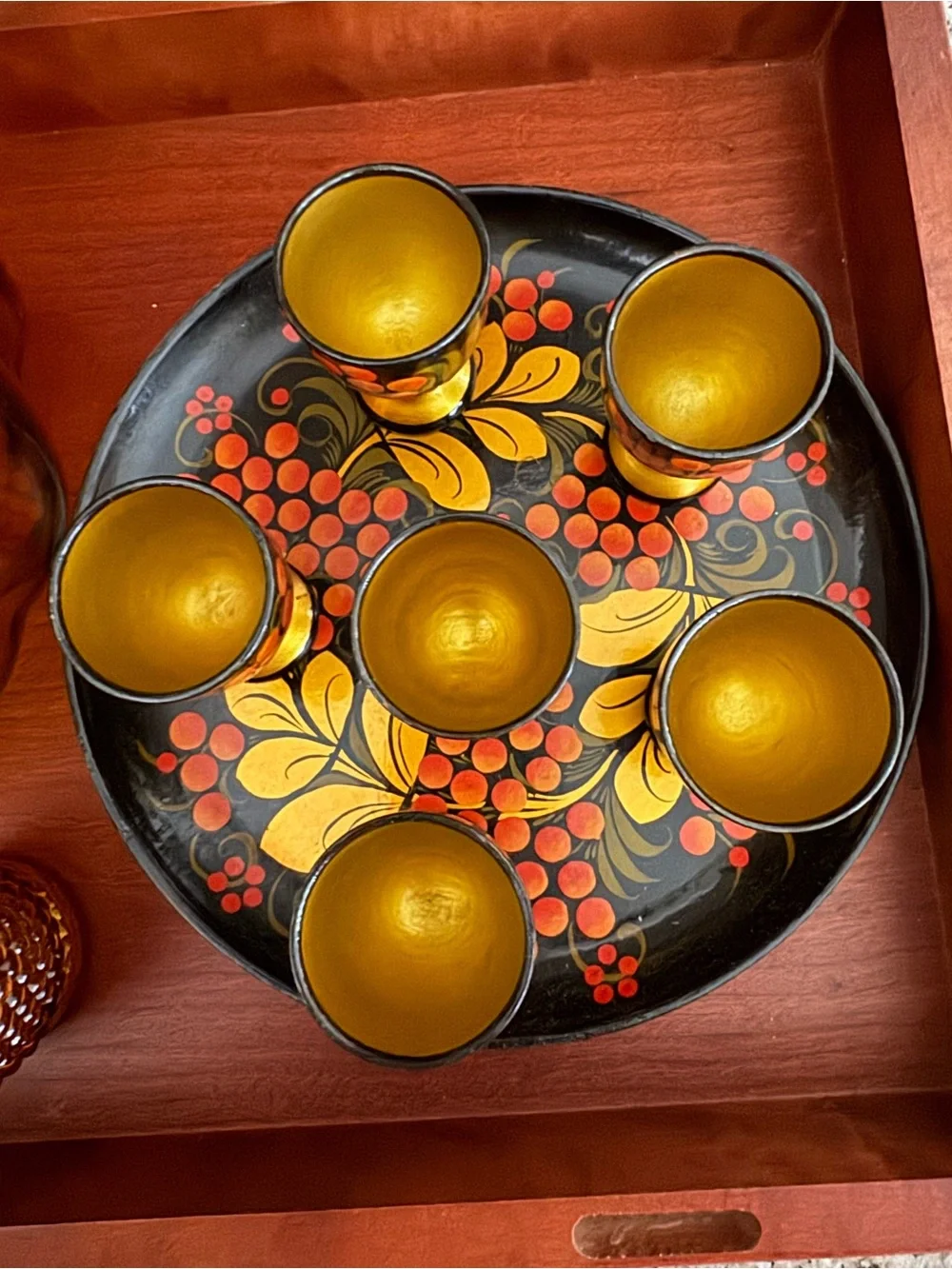 Vintage 7-Piece Russian Khokhloma Lacquerware Set.
